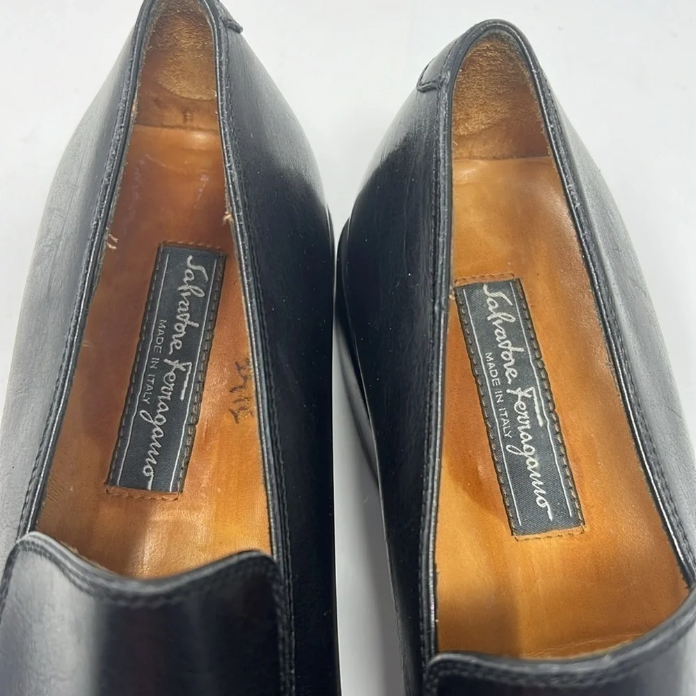 Men’s Salvatore Ferragamo Sz 7.5 Smooth Black Leather Handmade Slip On Loafers